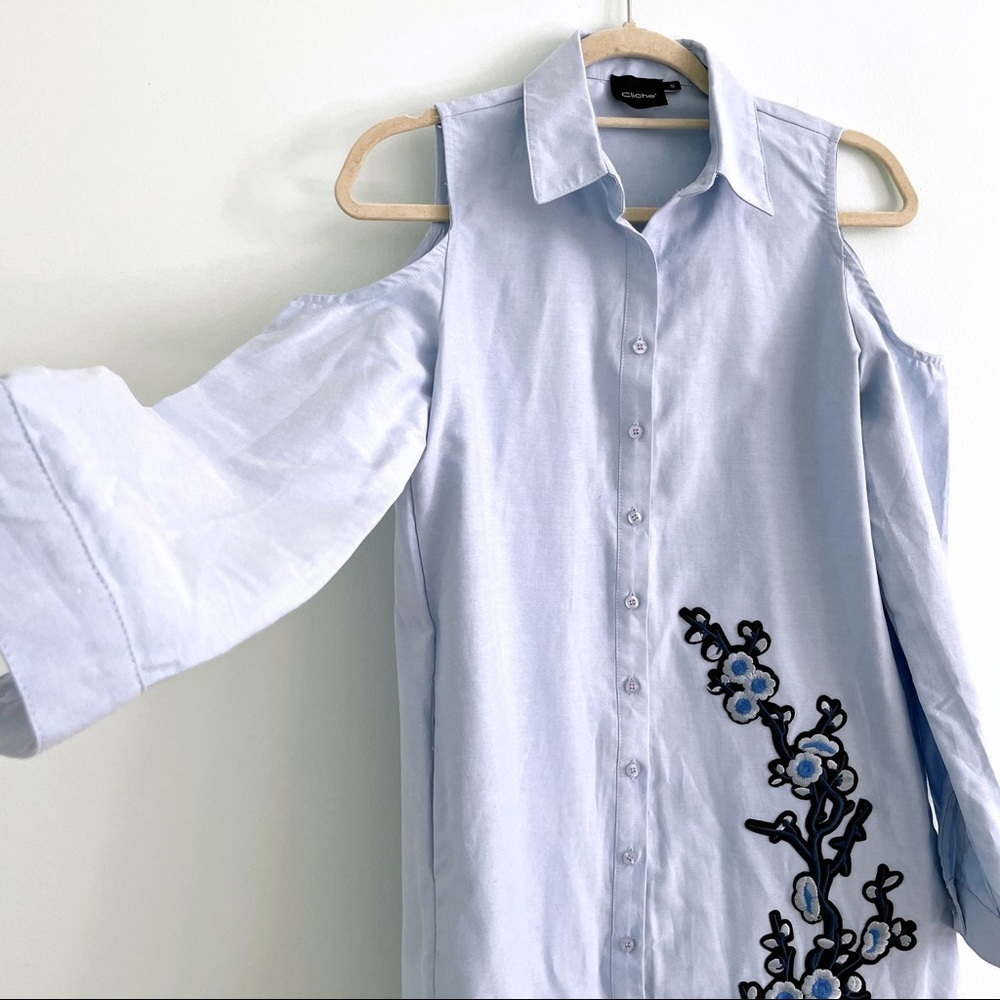 Shirt Dress w/ Cold Shoulder Pockets and Embroidered Blue Cherry Blossom Flowers